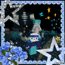 a picture of a person in a minecraft game with blue flowers and stars
