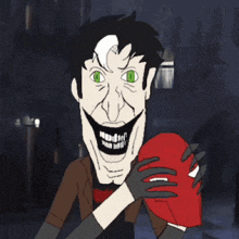 a cartoon drawing of a man with green eyes holding a red heart
