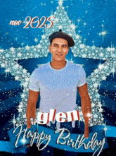 a man in a beret is standing in front of a christmas tree and says " happy birthday glen "