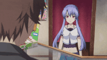 a girl with purple hair is standing in front of a sign that says ' n '