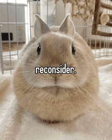 a close up of a rabbit with the word reconsider written on it