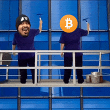two men are cleaning a window with a bitcoin symbol on their faces