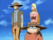 a man and a woman are standing next to each other in front of a blue sky .