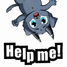 a cartoon cat with horns is hanging upside down with the words help me below it