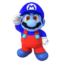 a blue mario wearing red overalls and a blue hat with a m on it