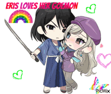 a drawing of a girl holding a sword with the words " eris loves her goemon "