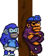 a pixel art of two gorillas standing next to each other with one wearing a blue hat with the letter k on it