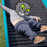 a child with a cat on his head is laying on a roller coaster