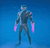 a black cat with pink glowing arms and legs is standing on a blue surface .