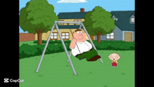 a cartoon of peter griffin sitting on a swing while stewie looks on