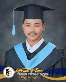 a man in a graduation cap and gown with the name lyceum of tuco on it