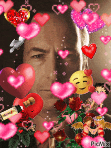 a picture of a man surrounded by pink hearts and a smiley face