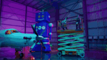a person is walking on a treadmill with a purple background