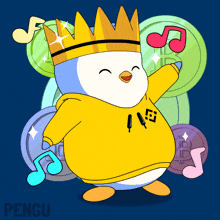 a penguin wearing a yellow hoodie and a gold crown is surrounded by coins and music notes
