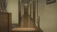 a girl in a school uniform is running through a hallway with her arms outstretched