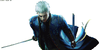 a man in a blue coat holds a sword
