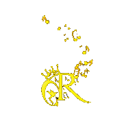 a drawing of a letter r with a crown and music notes