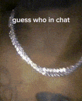 a close up of a person wearing a necklace with the words guess who in chat above it