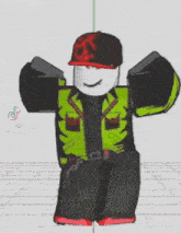 a 3d model of a roblox character wearing a green jacket and black pants