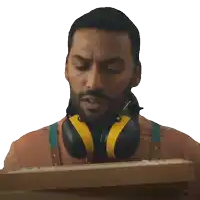 a man wearing a pair of yellow and black ear muffs