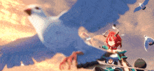a girl with red hair and horns is standing in front of a bird