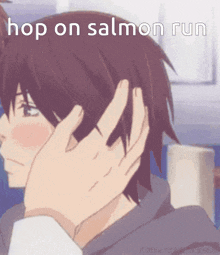 a person touching another person 's head with the words hop on salmon run written above it