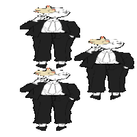 a cartoon drawing of a man in a tuxedo with a cat on his head
