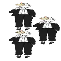 a cartoon drawing of a man in a tuxedo with a cat on his head