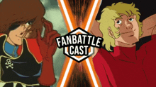 a fan battle cast logo with two cartoon characters on it