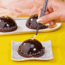 a person is decorating a chocolate dessert with a spoon