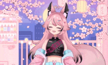 a girl with pink hair is standing in front of a vending machine that says ede