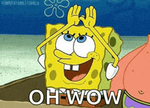 a cartoon of spongebob and patrick making a funny face and saying oh wow .
