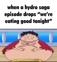 a cartoon character with a caption that says " when a hydro saga episode drops "