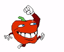 a cartoon drawing of a red apple with arms and legs pointing at the camera .