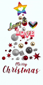 a merry christmas card with a christmas tree made of ornaments