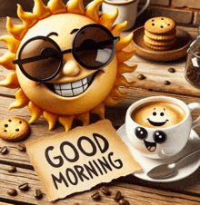 a sun wearing sunglasses sits next to a cup of coffee and a note that says " good morning "
