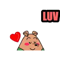 a cartoon bear is wearing green overalls and has a heart above his head and the word luv above him