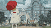 a little girl holding a red umbrella stands in front of a large building
