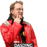 a man wearing glasses and a red jacket with the word dasding on the bottom