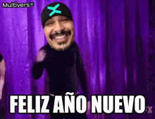 a man wearing a hat with an x on it says feliz ano nuevo on a purple background