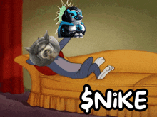 a cartoon of a cat laying on a couch with a picture of a penguin above him that says nike