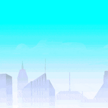 a cartoon drawing of a squirrel with a city in the background