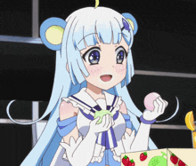a girl with blue hair and white gloves is holding a pink ball in her hands