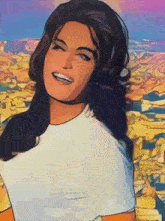 a cartoon drawing of a woman smiling with a desert in the background
