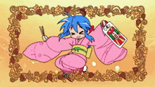 a drawing of a girl in a pink kimono holding chopsticks and a piece of paper with chinese characters on it