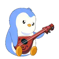 a cartoon penguin is holding a red guitar