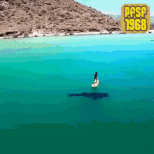 a person on a paddle board in a body of water with the year 1968 on it