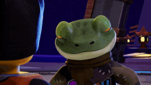 a frog with a scarf around its neck is standing next to a man
