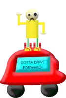 a yellow robot is standing on top of a red car that says gotta drive forward on it