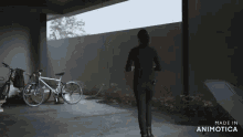 a woman is walking in a parking garage with bicycles and an umbrella made in animotica
